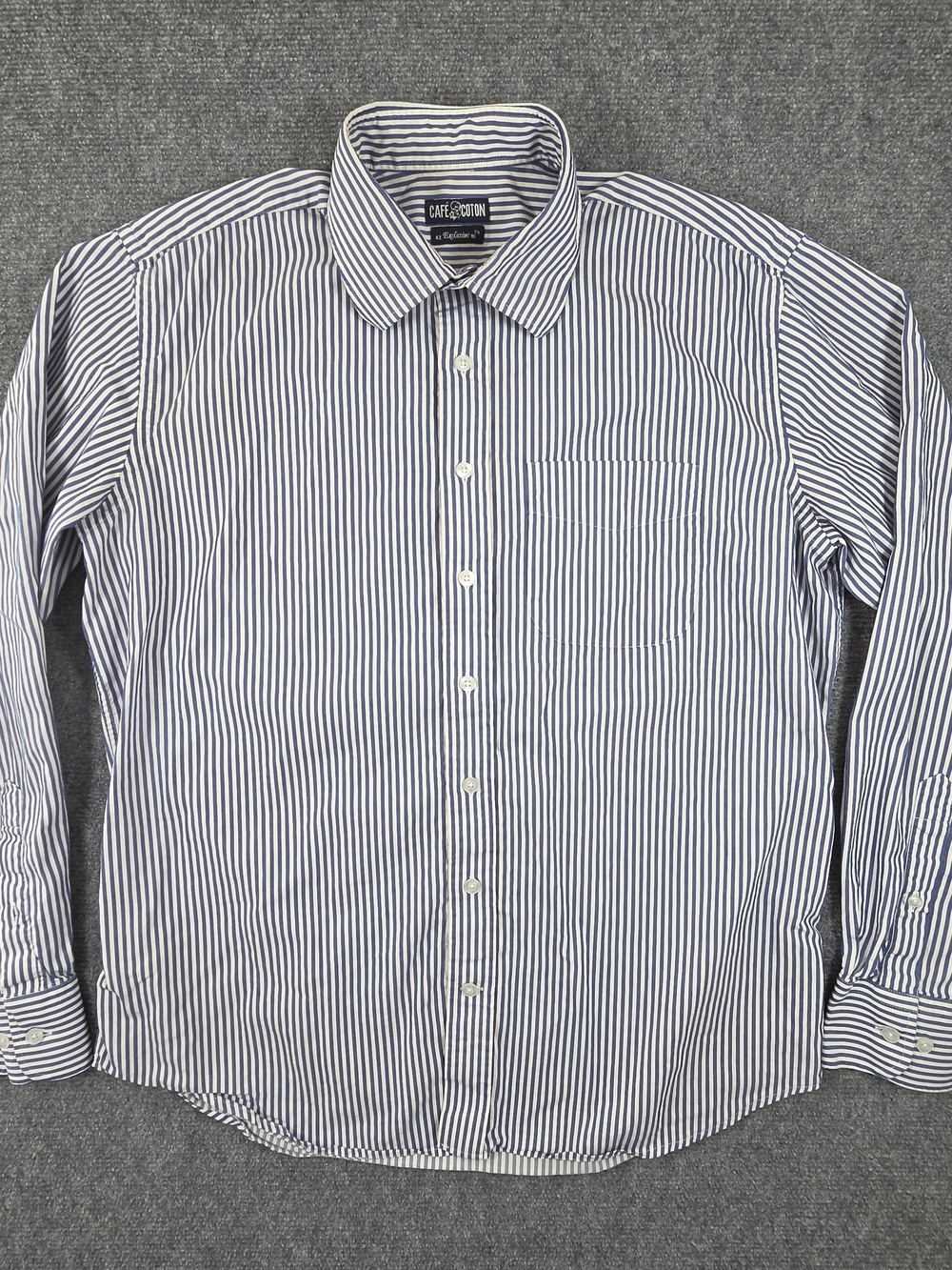 Cafe Cotton Button Up Shirt 42 (16 1/2) Men's Large Striped Blue White Nautical